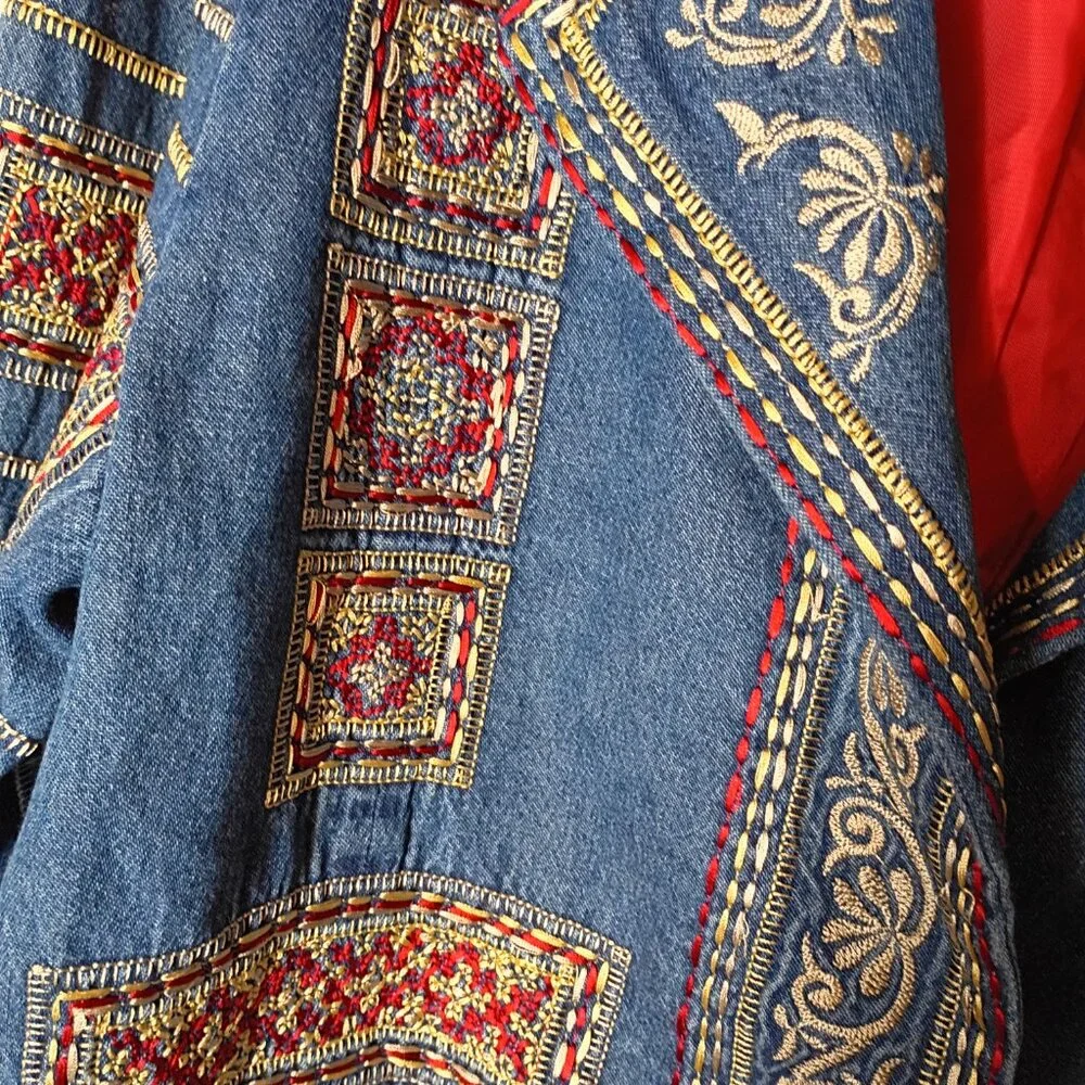 Coldwater Creek Denium Jacket Tapestry Blazer Embroidered Gold Red Womens PM - Picture 3 of 5